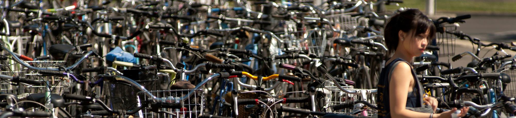 Student Surrounded by Bicycles